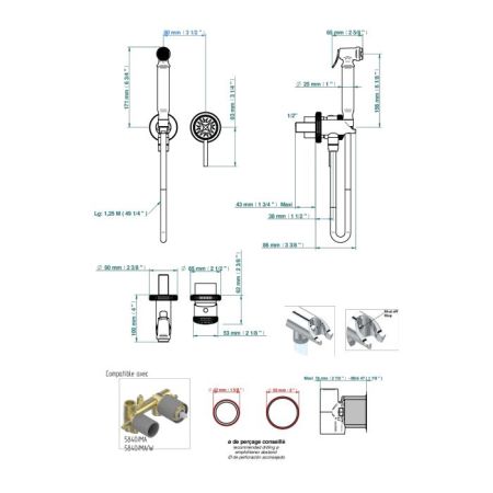 THG HIRONDELLES PLATINUM STAMPED Гигиенический душ в комплекте с встраиваемым однорычаж смесит, шланг 1250мм, держ с подв воды, внешн часть, цвет хром, артикул A4K-A02-5840/MBG