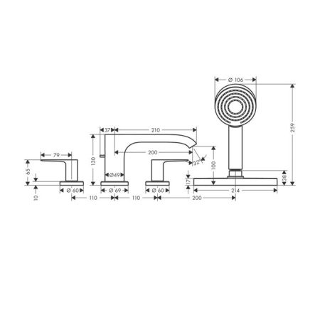 Смеситель для ванны, Hansgrohe, Vivenis, тип открывания воды-духвентильный, тип регулирования воды-керамический узел смешивания, монтаж-на край ванны, отверстия для монтажа-4, вынос излива, мм-200, ручной душ-в комплекте, внутренняя часть-необходимо заказ, артикул 75444700