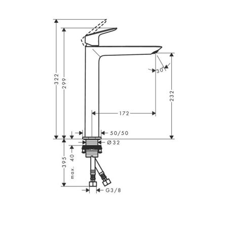 Смеситель для раковины, Hansgrohe, Logis, тип открывания воды-однорычажный, тип регулирования воды-керамический картридж, монтаж-на раковину/столешницу, отверстия для монтажа-1, высота, мм-299, вынос излива, мм-172, донный клапан-отсутствует, тип подводки, артикул 71258670