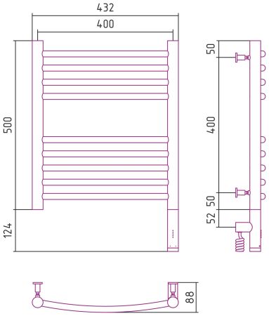 Полотенцесушитель, Сунержа, Богема 3.0, выгнутая, электрический, ширина, мм-432, глубина, мм-88, высота, мм-624, межосевое расстояние-400, нагревательный элемент-ТЭН, подключение-нижнее справа, электрокомплект-МЭМ, мощность, Вт-300, материал-нержавеющая с, артикул 00-5803-5040