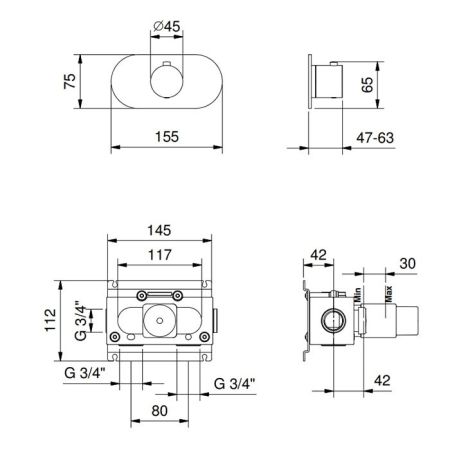 FANTINI ICONA CLASSIC Смеситель настенный встраиваемый, термостатический, внешняя часть, цвет черный матовый, артикул 87 13 R700B
