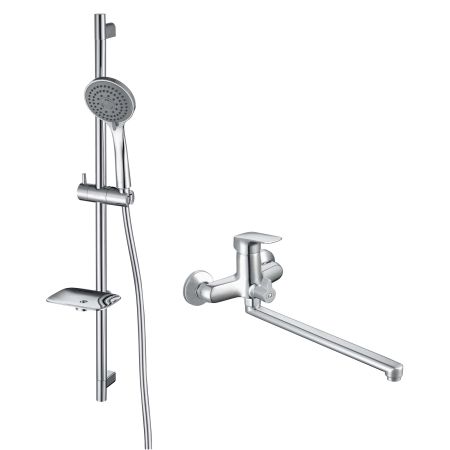 AQ1042CR ВЕГА смеситель для ванны с длинным изливом + AQ2011CR ВЕГА душевой гарнитур 3jet 73см, артикул AQ1033CR