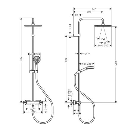 Душевая стойка, Hansgrohe, Vernis Shape, смеситель-в комплекте, тип регулирования воды-термостатический картридж, с регулируемым ограничителем температуры горячей воды, штанга-есть, верхний душ-есть, форма верхнего душа-квадратная, размер верхнего душа,мм, артикул 26427670