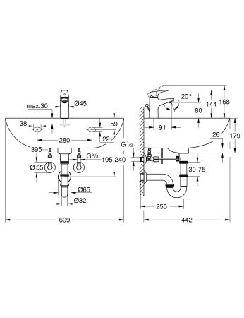 Набор для ванной GROHE Bau Ceramic: раковина, смеситель StartFlow и сифон (39472000)
