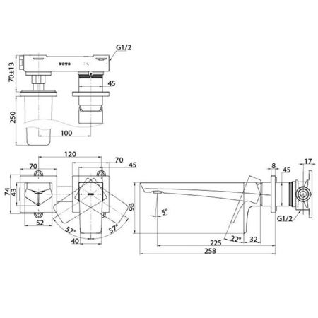 TOTO GE Смеситель для раковины встраиваемый 167x258x98мм без сливного клапана, цвет хром, артикул TLG07308R