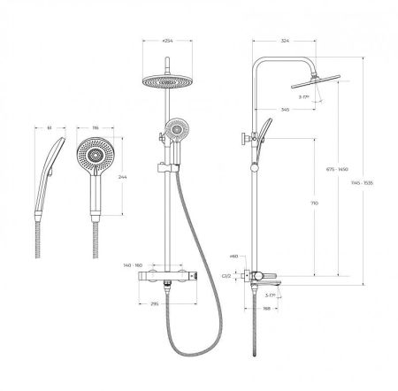 LUX Комплект для ванной - душевая стойка с изливом и смеситель для раковины, артикул LUX-CVD/LS-01