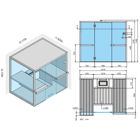 Effegibi Air 80 Corner Сауна 247x162xh213см, DX, отделка: осина термообработанная, артикул SA 91 80 0003