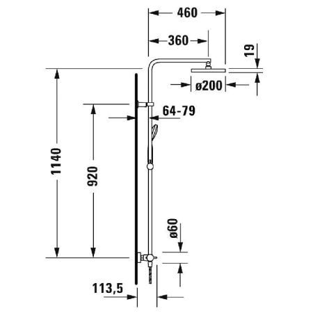 Душевая стойка, Duravit, B.2, смеситель-есть, тип регулирования воды-термостатический картридж, защитная блокировка при 38°C, верхний душ-есть,  регулируемый угол верхнего душа, форма верхнего душа-круглая, размер верхнего душа-200, держатель верхнего душ, артикул B24280008010