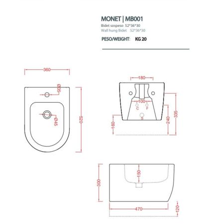 Artceram MONET Биде подвесное 36х52 см, 1 отверстие, цвет белый матовый, артикул MNB001 05 00