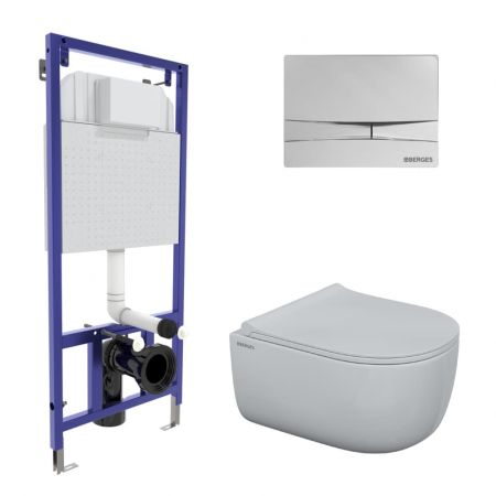 Комплект BERGES для монтажа  подвесного унитаза: инсталляция NOVUM525, кнопка F3 хром глянец, унитаз EGO Rimless, сидение дюропласт  Toma Slim SO, микролифт, быстросьем, артикул 047253