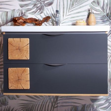 Тумба под раковину Бриклаер Форест 100 подвесная Антрацит со вставкой Пенёк, артикул 4627125414664