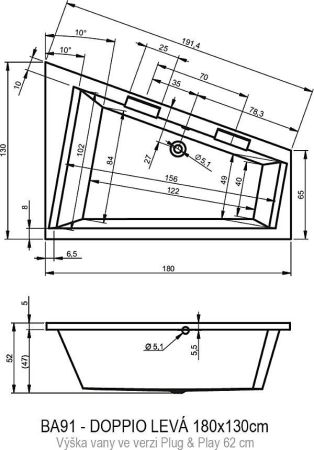 Акриловая ванна Riho Doppio 180х130 L BD4500500000000., артикул BD4500500000000