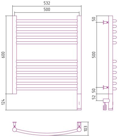 Полотенцесушитель, Сунержа, Богема 3.0, выгнутая, электрический, ширина, мм-532, глубина, мм-103, высота, мм-724, межосевое расстояние-500, подключение-справа, электрокомплект-МЭМ, нагревательный элемент-ТЭН, мощность, Вт-300, материал-нержавеющая сталь, 
