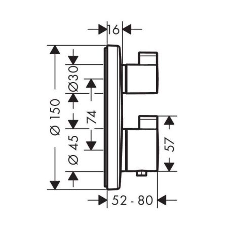 Смеситель для душа, Hansgrohe, Ecostat S, тип открывания воды-вентильный, тип регулирования воды-термостатический картридж, монтаж-вертикальный встраиваемый (настенный), отверстия для монтажа-1, внутренняя часть-необходимо заказать, цвет-шлифованное золот, артикул 15758990
