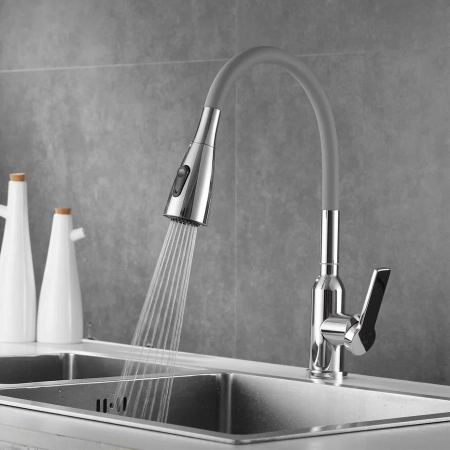 Смеситель для кухни с гибким изливом Shevanik S843-9, хром/серый