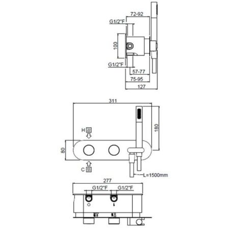 Смеситель для душа, Carimali, на 3 потребителя, тип открывания воды-вентильный, тип регулирования воды-прогрессивный картридж, монтаж-настенный встраиваемый, в комплекте-держатель для душа, гладкий гибкий шланг против скручивания из ПВХ, ручной душ-цилинд, артикул 21938EST/A-CR
