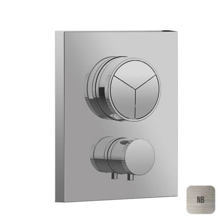 Смеситель для душа, Almar, Core, тип открывания воды-нажимной (кнопки), тип регулирования воды-термостатический картридж, монтаж-настенный встраиваемый, отверстия для монтажа-1, внутренняя часть-необходимо заказать, для 3-х потребителей, цвет-никель шлифо, артикул E176683.NB