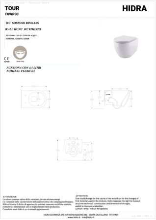Hidra Tour, подвесной безободковый унитаз c сиденьем микролифт, 52x35,5 см, цвет белый глянцевый, артикул TUWR30SET/001