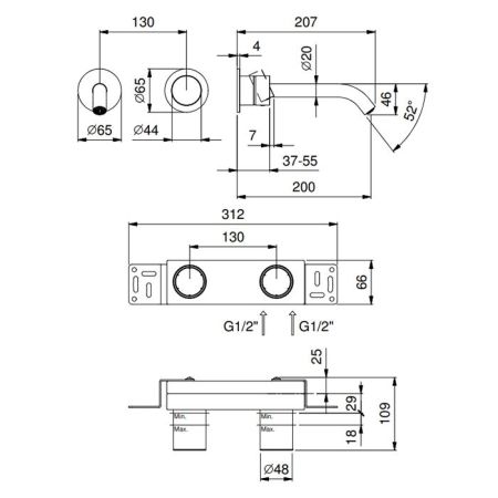 FANTINI AA/27 Смеситель для раковины настенный встраиваемый, однорычажный, внешняя часть, отделка матовая натуральная сталь, артикул 33 93 Y111B