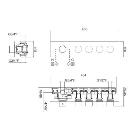 Carimali ILTONDO Внешняя часть горизонтальная для термостатического смесителя с 4 независимыми выходами, цвет хром, артикул 21049EST/O-CR