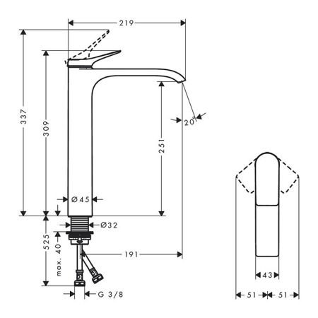 Смеситель для раковины, Hansgrohe, Vivenis, тип открывания воды-однорычажный, тип регулирования воды-керамический картридж, монтаж-на раковину/столешницу, отверстия для монтажа-1, высота, мм-309, вынос излива, мм-191, тип излива-неподвижный, донный клапан, артикул 75042670