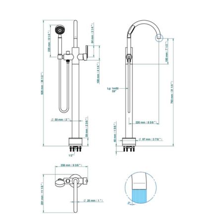 THG Les Ondes à manettes Смеситель для ванны, напольный, с ручным душем, цвет Matt nickel