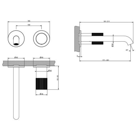 GESSI HABITO RIGATO Смеситель для раковины настенный встраиваемый, однорычажный, цвет Black Metal PVD, артикул 70588#706