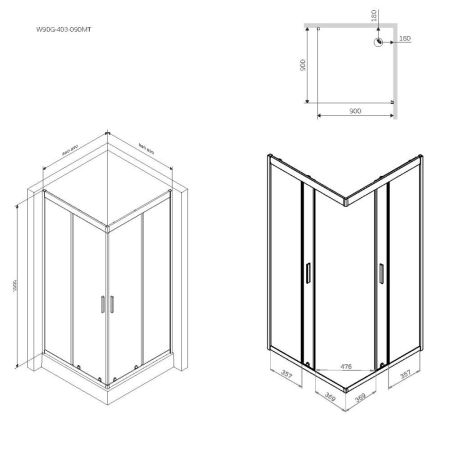 W90G-403-090MT Gem душ.ограждение 90х90 квадрат,стекло прозрачное,профиль мат. серебро, без поддона