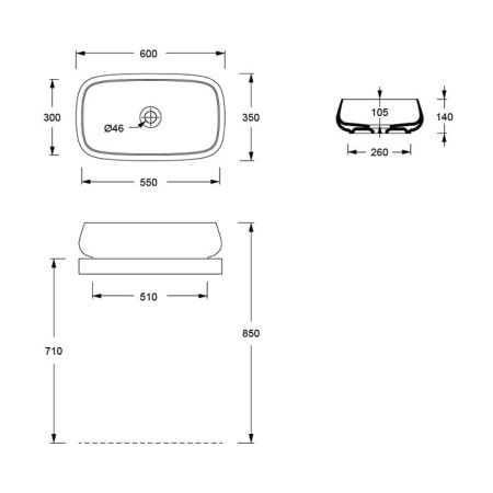 Раковина, Alice, NUR, ширина, мм-600, глубина, мм-350, высота, мм-140, тип установки-накладной (настольный), отверстия для смесителя-отсутствуют, без перелива, донный клапан-необходимо заказать, материал-керамика, вид грязеотталкивающего покрытия-Aliglaze