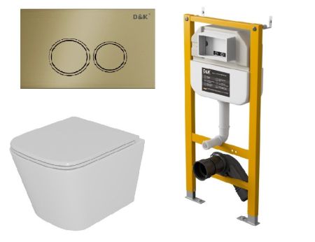 Комплект D&K Унитаз подвесной  безободковый DT1436016, Инсталляция DI8050127, Клавиша смыва DB1529007 матовое золото (DS1431630), артикул DS1431630