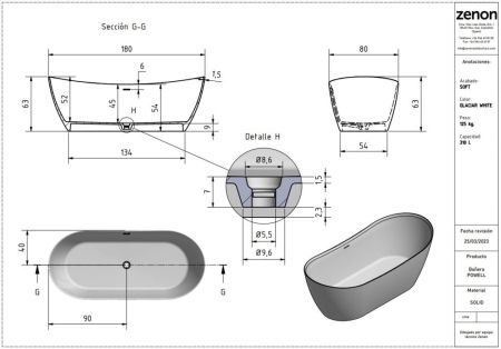 Zenon Powell, закругленная ванна из искусственного камня Solid Surface, 180x80xh63 см, цвет белый матовый, артикул 4000.000.000.000.29549