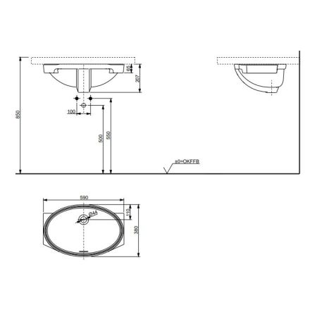 TOTO WU  Раковина встраиваемая снизу, 590 × 380 × 207 мм,с переливом, цвет белый