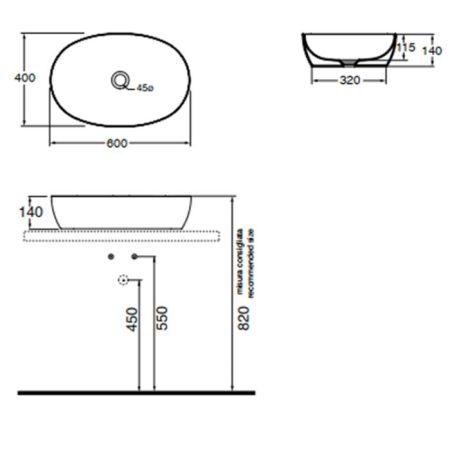 AZZURRA ELEGANCE CIRCLE раковина накладная 60х40х14см без отв. под смеситель , без перелива. цвет белый, артикул ELLA060400C0BI/(ECI60 bi*0)