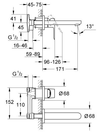 Смеситель GROHE BauLoop для раковины на 2 отверстия, настенный монтаж, хром (20289000)