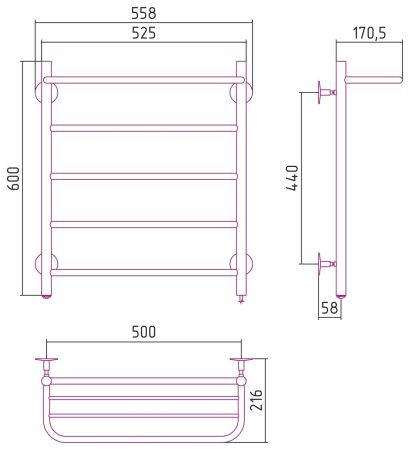 Электрический полотенцесушитель СТИЛЬЕ "Формат 30 П" 600х500 (Полка + 4) П16 (Без покрытия), артикул 00530-6050