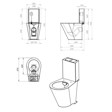 Унитаз напольный с баком антивандальный Тругор УНсбА ЛАЙТ, сатин, артикул УНсбА ЛАЙТ