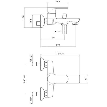Смеситель для ванны PIANO настенный без лейки, хром глянец