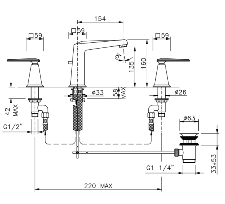 Nicolazzi Margherita Смеситель для раковины на 3 отверстия, излив: 154мм, цвет: хром, артикул 1008CR38