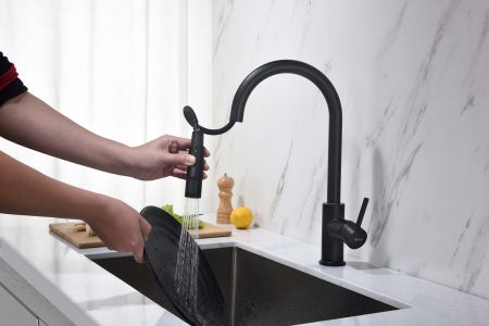 Смеситель для кухни с вытяжным изливом 2 jet AQUATEK, матовый черный AQ1384MB ЕВРОПА, артикул AQ1384MB