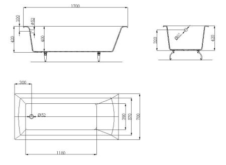 Конунг ванна чугунная 1700*700 б/п, без ручек, ножки в комплекте, артикул OWLIB191113