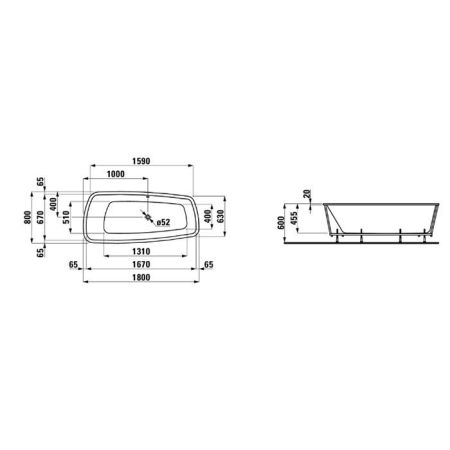 Laufen Palomba Ванна 1800x800x455мм, встраиваемая, ассиметричная, без слив-перелива, борт 20мм, с каркасом, материал: акрил, цвет: белый, артикул 2.4280.1.000.000.1