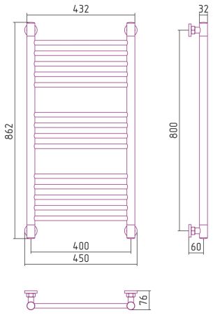 Полотенцесушитель, Сунержа, Богема +, прямая, водяной, ширина, мм-450, глубина, мм-76, высота, мм-862, межосевое расстояние-400, подключение-диагональное/нижнее/вертикальное, температура теплоносителя-до 95°С, мощность-Вт-421, присоединительный размер-НР , артикул 00-0220-8040