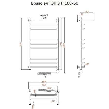 Электрический полотенцесушитель Тругор Браво 3 элТЭН 100x60 с полкой Хром, артикул Браво3/элТЭН10060П