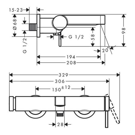 Смеситель для ванны и душа, Hansgrohe, Finoris, тип открывания воды-однорычажный, тип регулирования воды-керамический картридж, монтаж-настенный, отверстия для монтажа-2, вынос излива, мм-194, тип излива-неподвижный, цвет-белый матовый, артикул 76420700