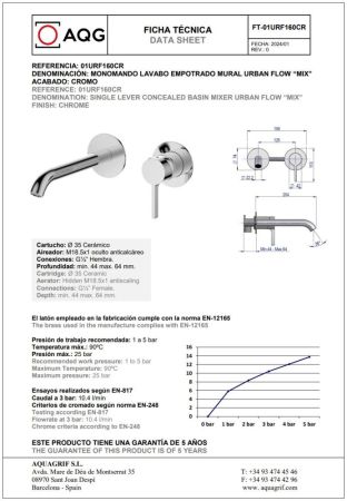 AQG Urban Flow Two, встраиваемый в стену однорычажный смеситель для раковины, цвет хром, артикул 01URF160CR