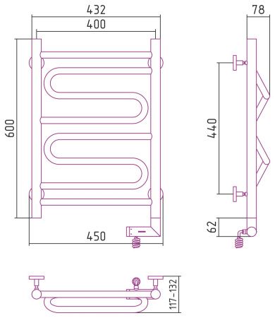 Полотенцесушитель электрический "ЭЛЕГИЯ 2.0" 600х400 / МЭМ правый (Матовый черный)