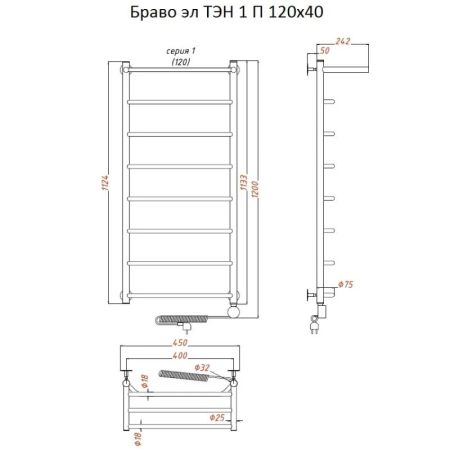 Электрический полотенцесушитель Тругор Браво 1 элТЭН 120x40 с полкой Хром, артикул Браво1/элТЭН12040П