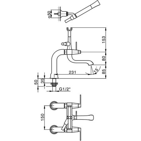 CISAL Cherie Смеситель на борт ванны двухрычажный, с душевым комплектом, цвет золото/черный