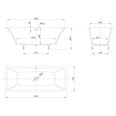 Ванна, KNIEF, Shape, ширина, мм-1700, глубина, мм-700, высота, мм-600, водоизмещение (л)-190, тип установки-встраиваемый, форма-прямоугольная, с щелевым сливом переливом click-clack, диаметр слива, мм-52, ножки-есть, материал-K-Stone, цвет-белый матовый