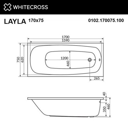 Ванна WHITECROSS Layla 170x75 "NANO" (хром), артикул 0102.170075.100.NANO.CR